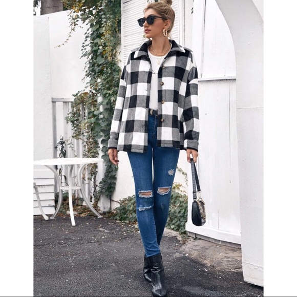 Buffalo Plaid Button Front Teddy Shacket - Picture 5 of 7